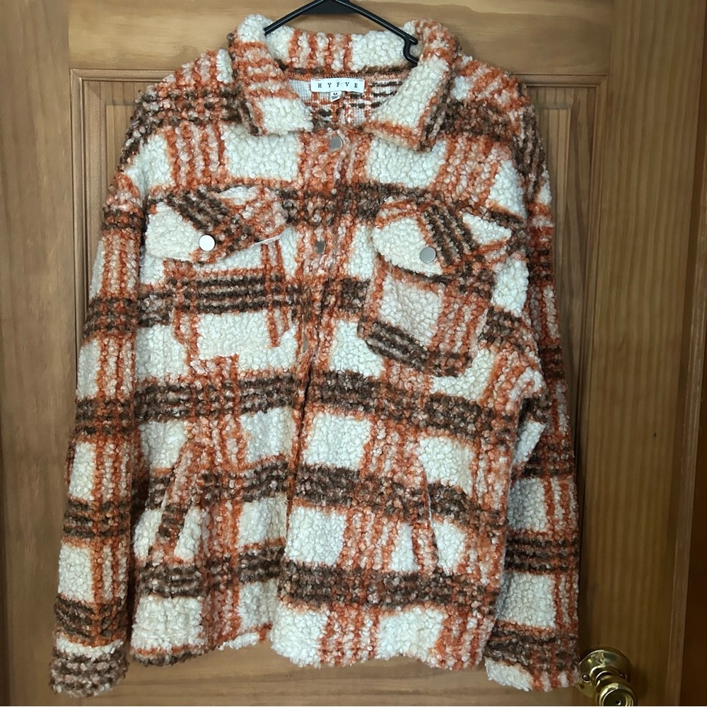 HYFVE Plaid Teddy Jacket - Cream, Orange, Brown - Picture 1 of 7